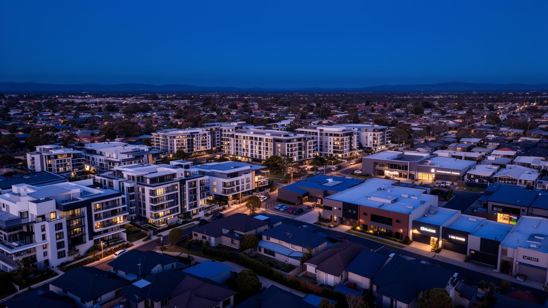 Aerial view of residential and commercial properties at twilight