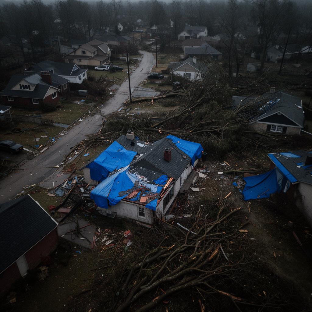 Storm-damaged residential neighborhood with tarped roofs and debris